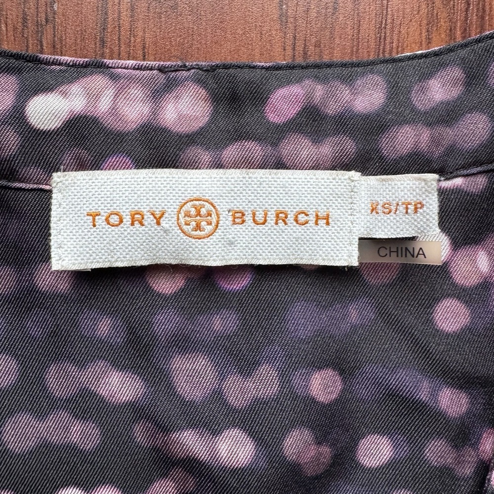 Tory Burch Silk Blouse Purple Black Blurred Dot XS Career Business Designer Luxe - Picture 15 of 16